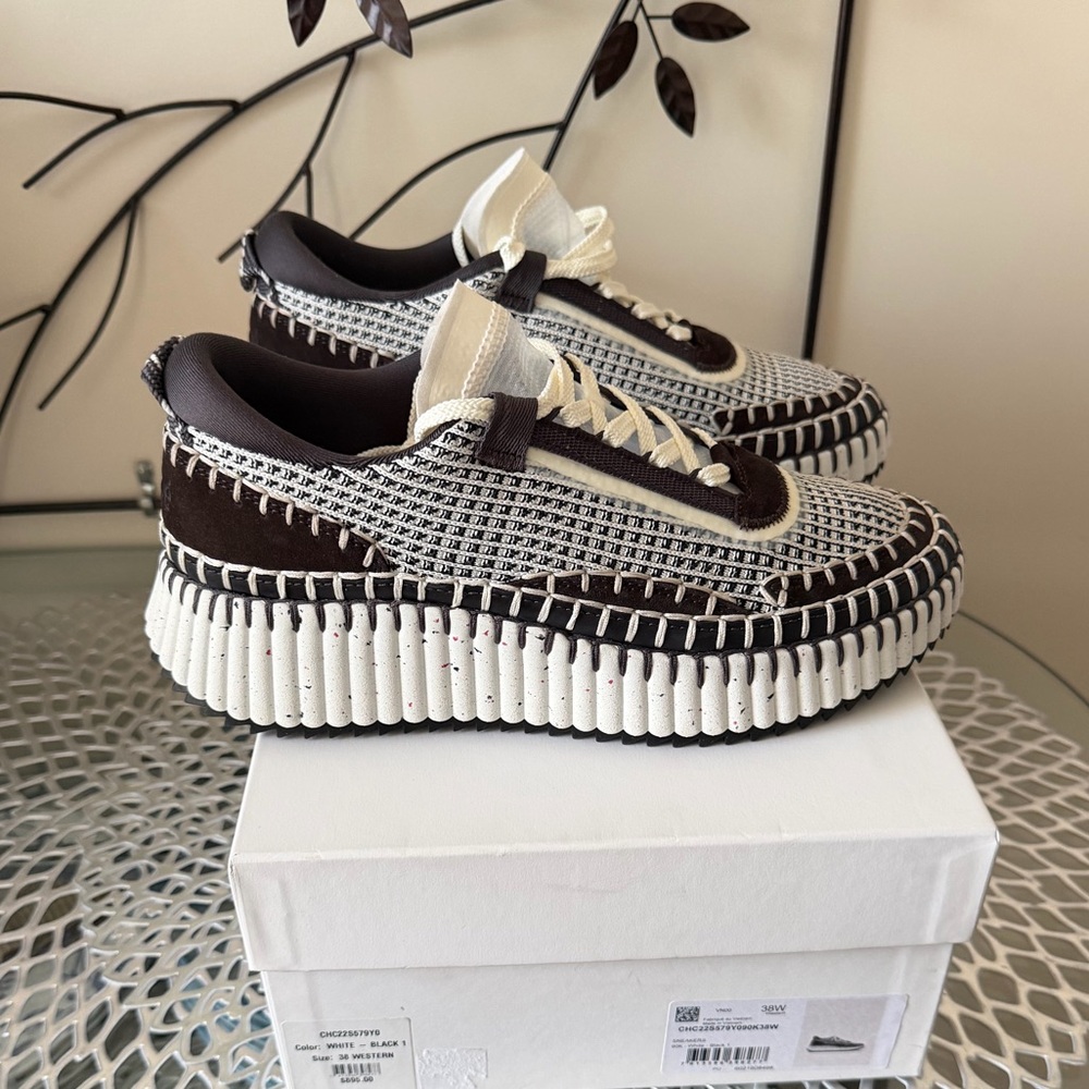 Chloe Nama Woven Stitch-Trim Platform Sneaker Size 38 White Black & Brown NIB - Picture 11 of 17